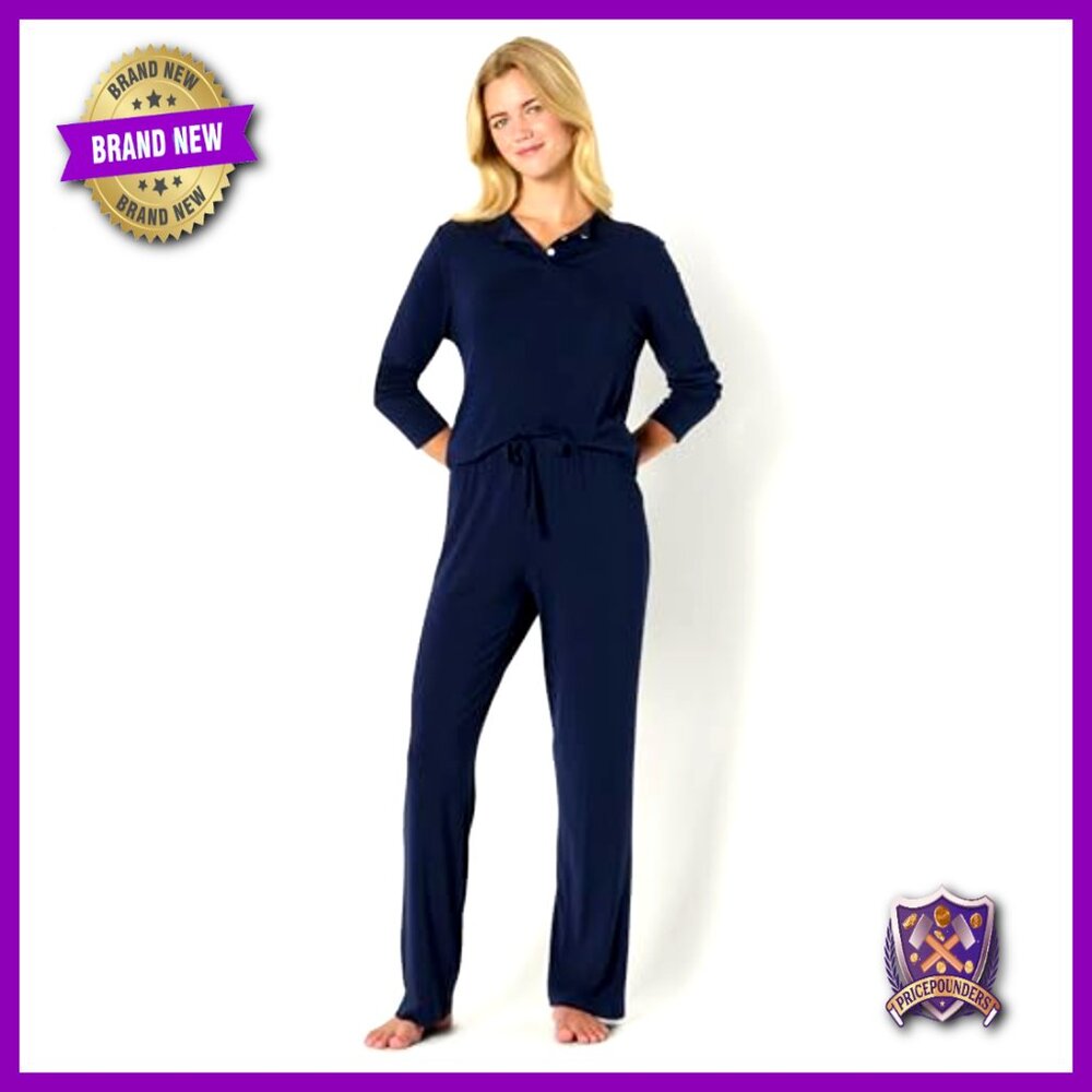 Women's Long Sleeve Henley Pajama Set Modal Jersey Large Relaxed Fit - Picture 4 of 7